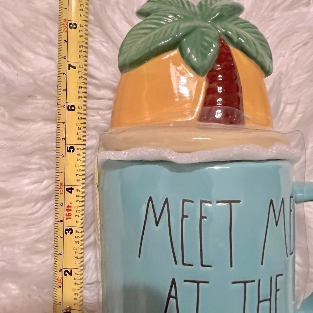 Rae dunn meet me at the beach lidded ceramic mug palm tree lid 8" NIB - Picture 4 of 5